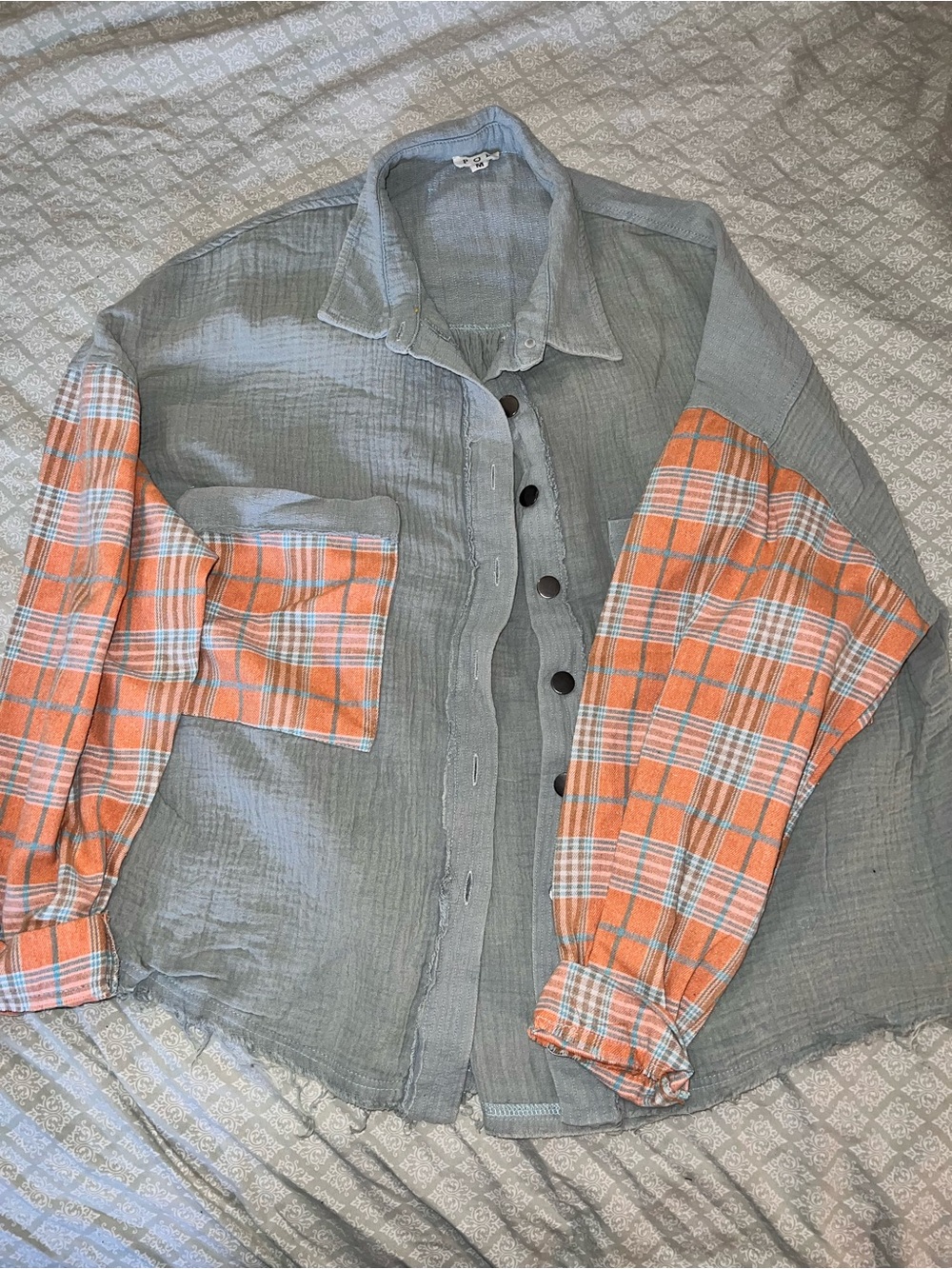 Pol Sage green Button-Up Shirt with Orange Plaid Sleeves